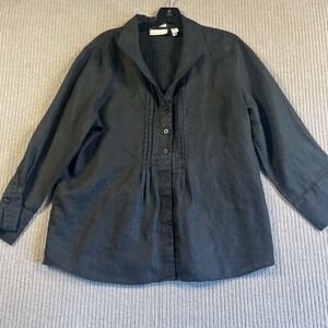 Chicos 100% Linen Top Women's 2 Black 3/4 Sleeve Popover Blouse No Iron